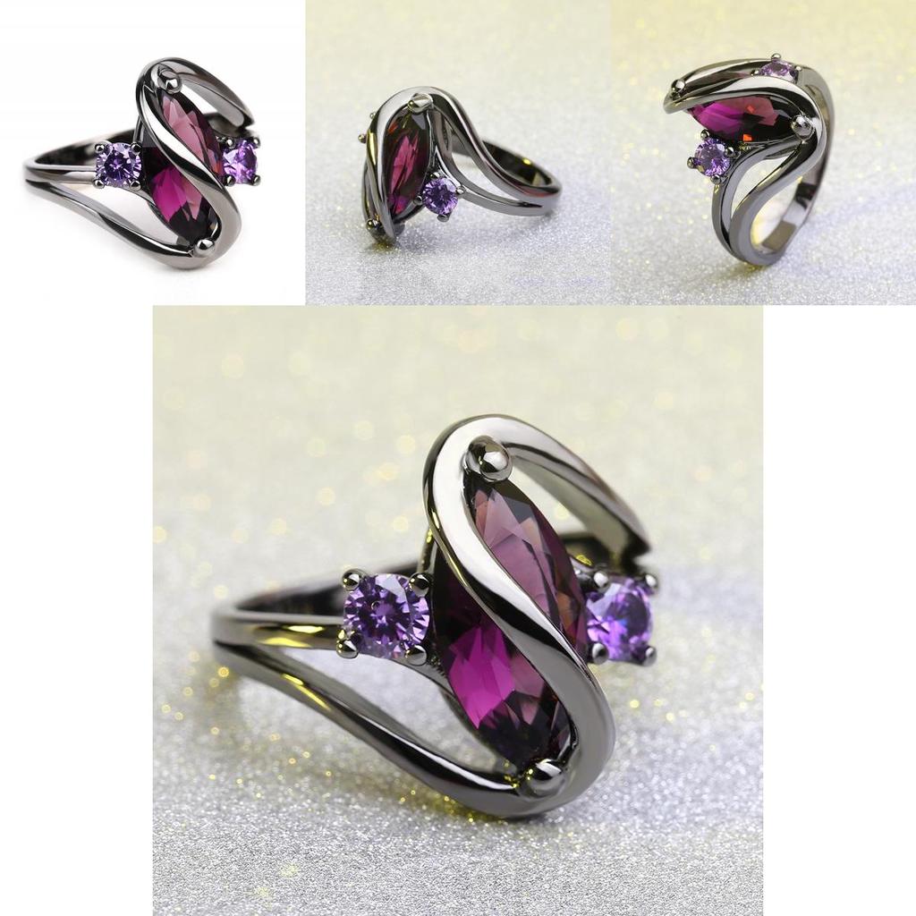 Genuine Purple Crystal Marquise Cut And Black Titanium Ring
