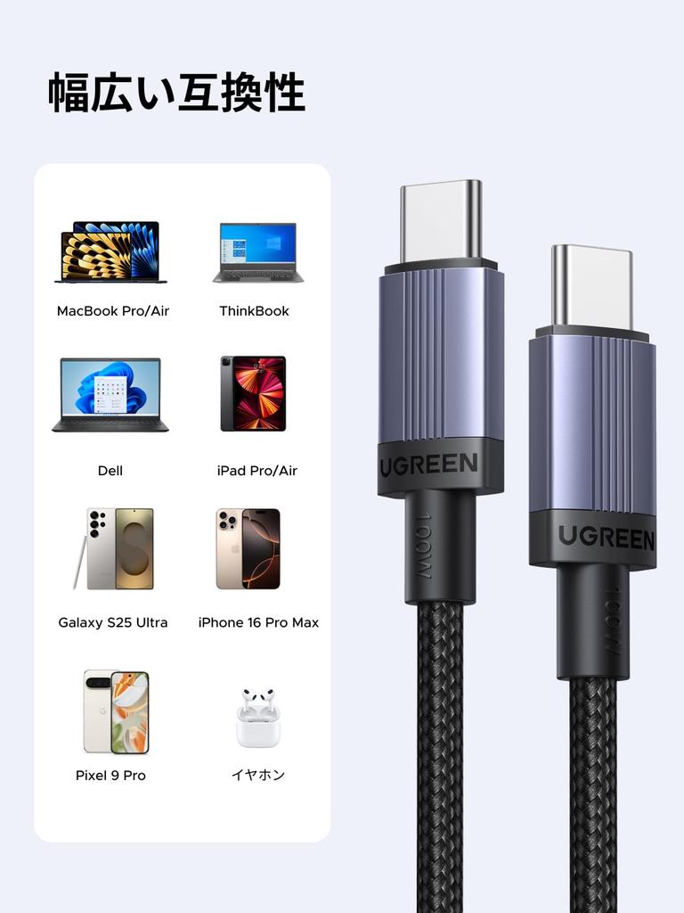 Ugreen 100W Minimalist Design with Textured Nylon Compatible with MacBook and Other Devices USB-C Cable, Braid, Break-Resistant, iPhone, iPad, Pro,