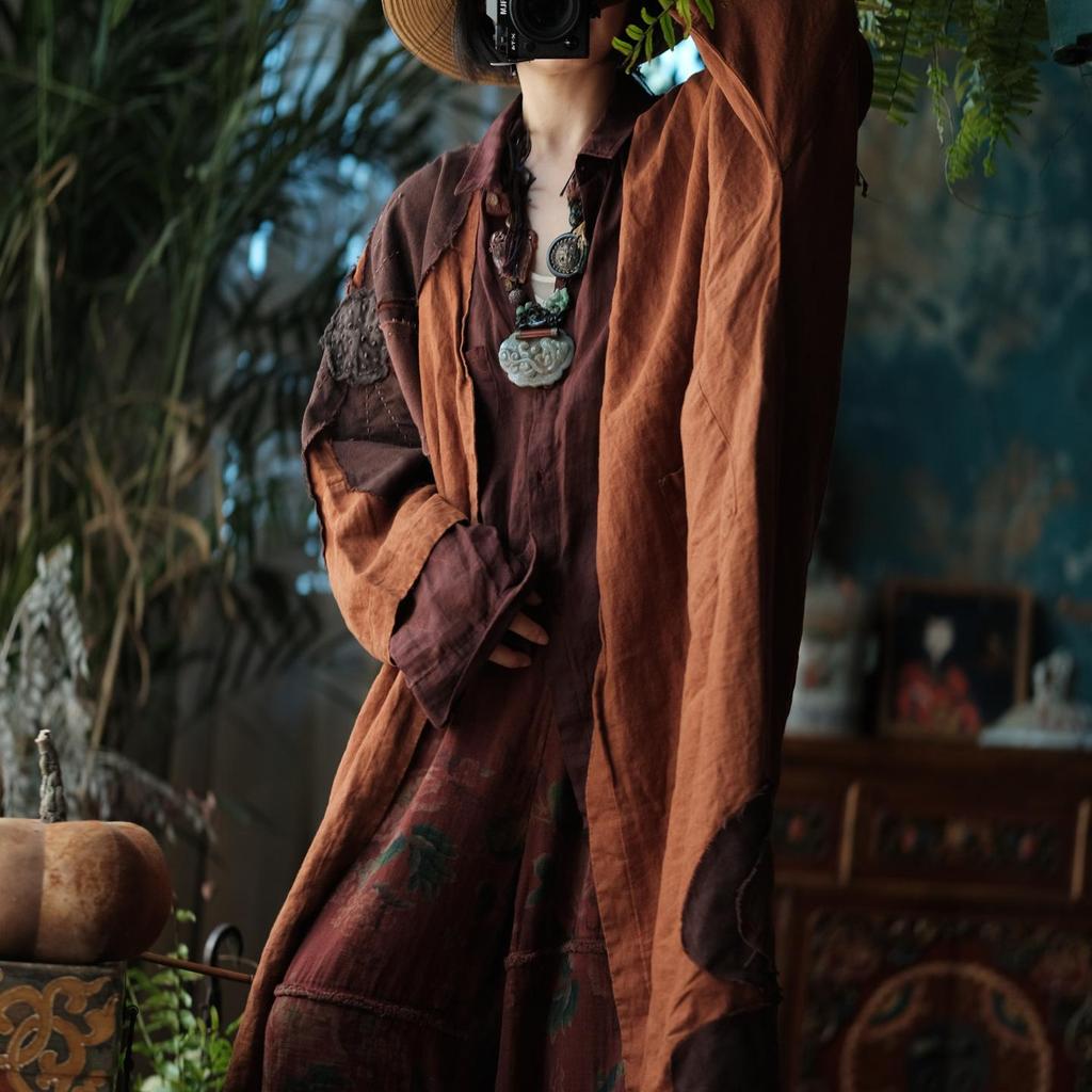 Johnature Women Vintage Patchwork Floral Trench Solid Color Linen Coats Autumn Long Sleeve Chinese Style Long Trench