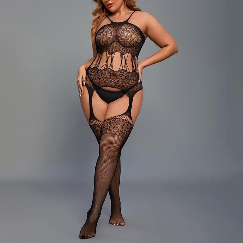 Women Sexy Lingerie Fishnet Bodystocking Babydoll Halter Chemise Deep V Hot Mesh Bodysuits Bodycon Jumpsuit Babydoll One Size