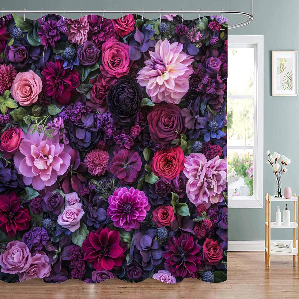 Rose Floral Flowers Wall Curtain Shower Curtain, Bathroom Decorative Shower Curtain, Waterproof Shower Curtain with Hooks