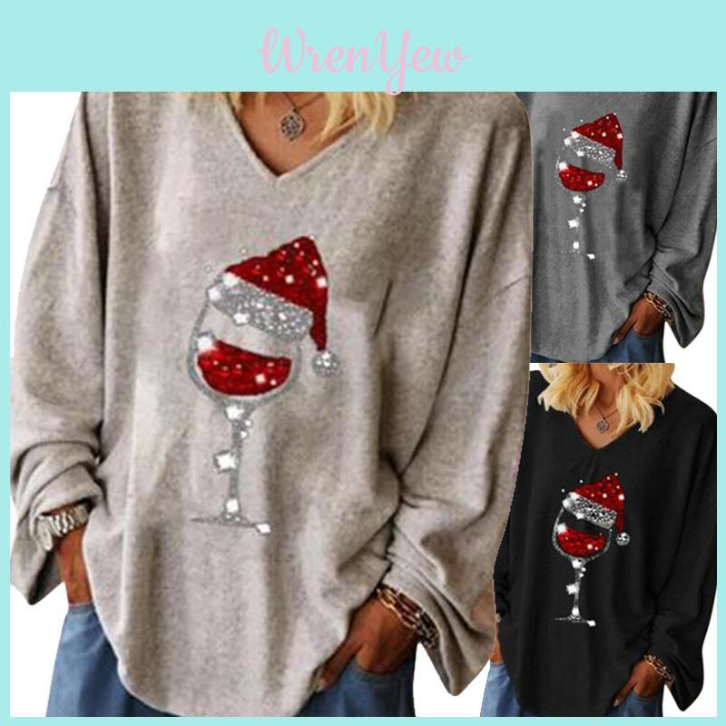 Stilvolles Damen Weihnachts-Weinglas T-Shirt V-Ausschnitt Langarm Bluse Tops