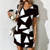 Moda Estiva Donna Scollo a V Manica Corta Retro Geometrico Stampato Vestito Sex Corto Gonna Vestiti