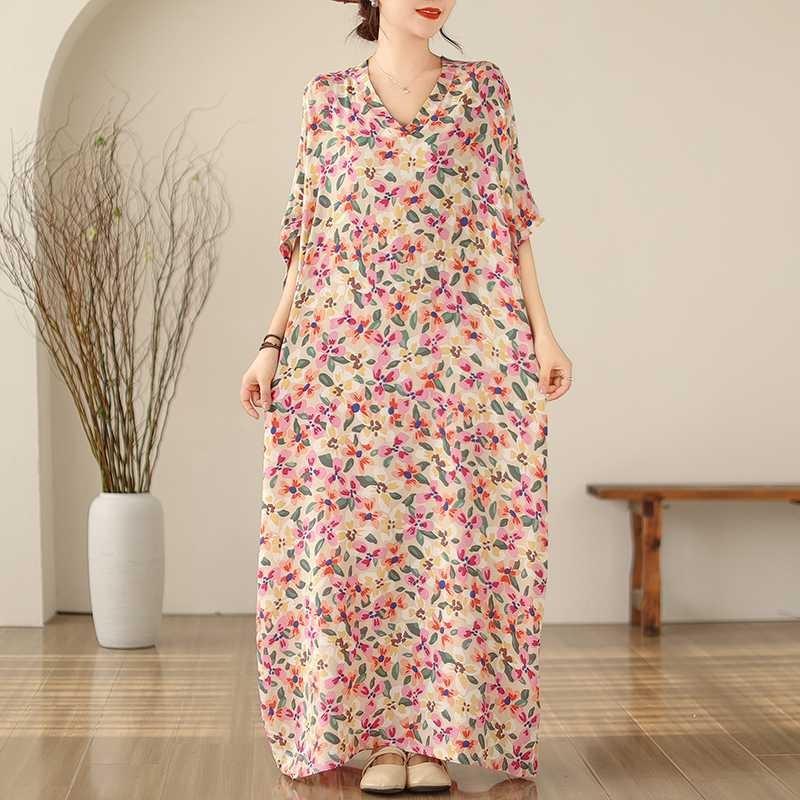 Vintage Vacation Style Enlarged Flesh Covering Thin V-neck Long Dresses