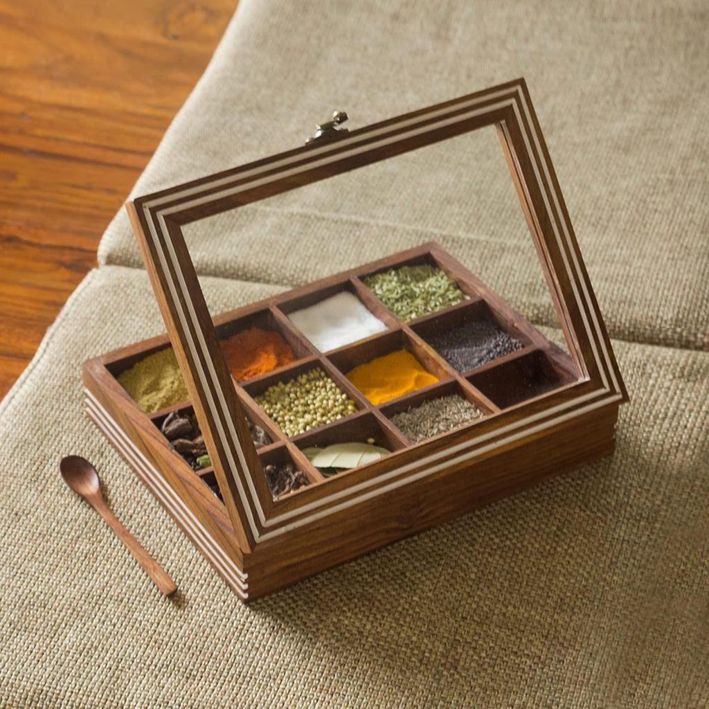 Sheesham Wooden Spice Box for Kitchen with Spoon (12 Partitions, Non Detachable, 90 Ml, Brown)