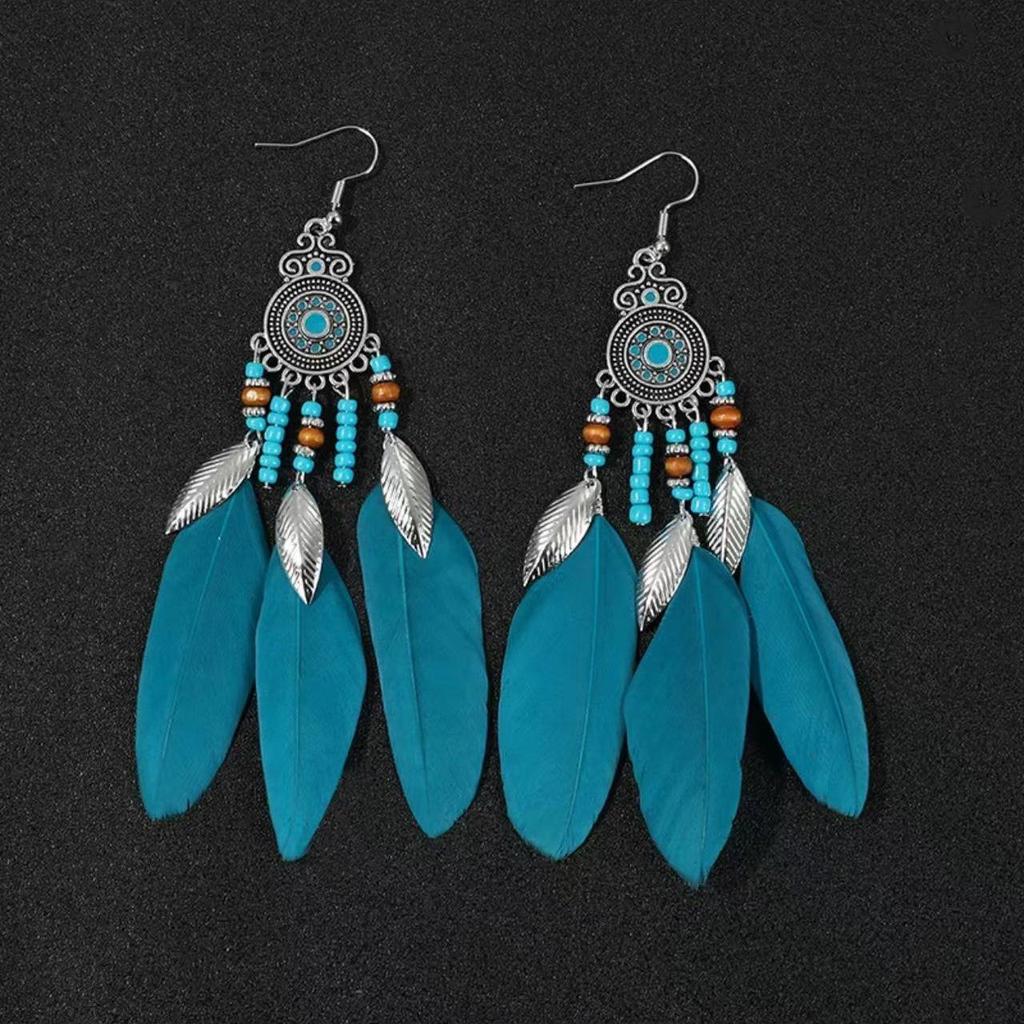 Bohemian Turquoise Owl Dream Catcher Tassel Earrings for Women