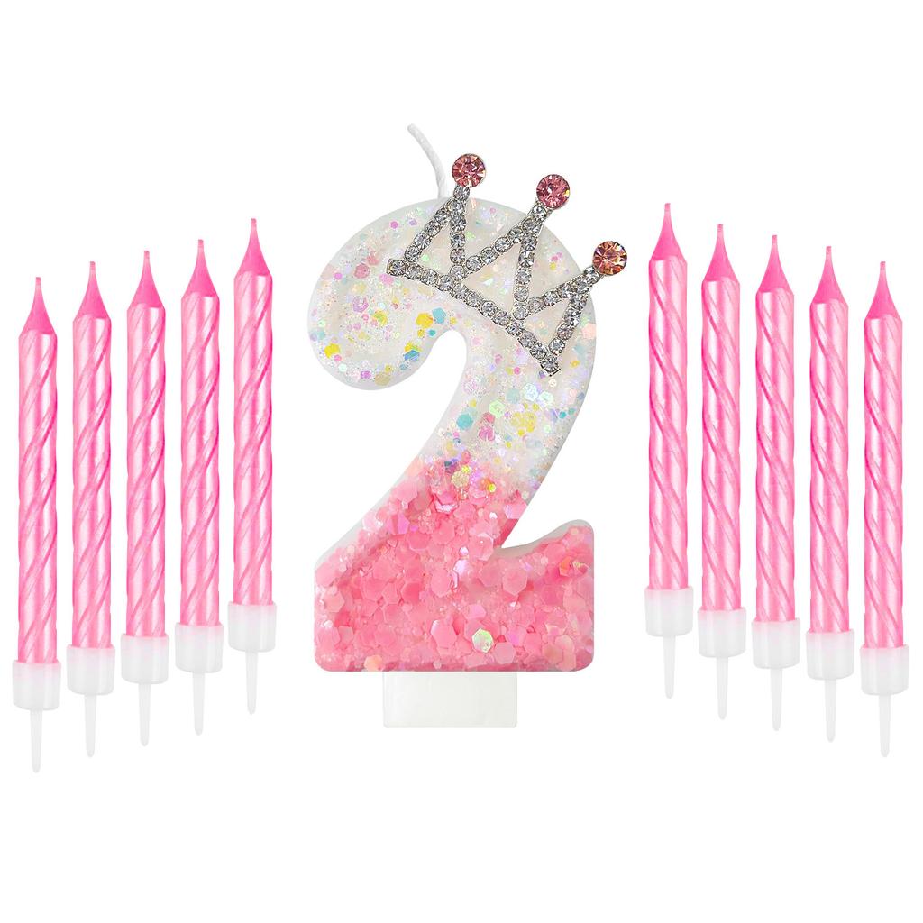 11pcs Gradient Pink and White Crown Number Candles, Number 0-9 Candles, Girl's Birthday Cake Decorations, Cupcake Decorations