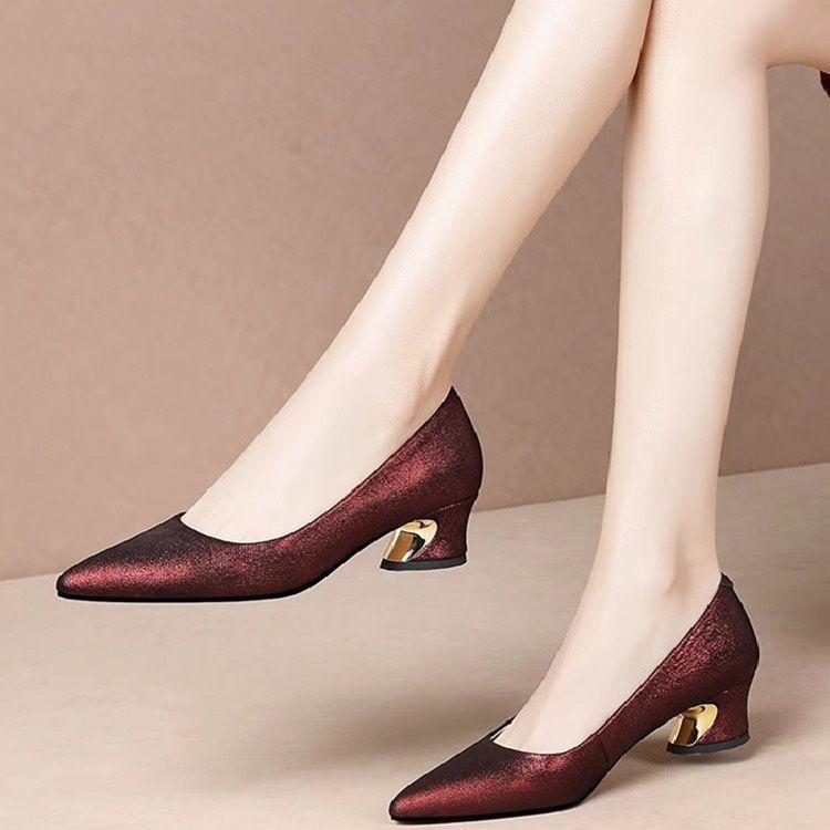 Red Medium Heel Single Shoes Women's Spring and Autumn New Mother-in-law Wedding Banquet Leather Shoes Leather Thick Heel Wedding Mother Shoes Wedding