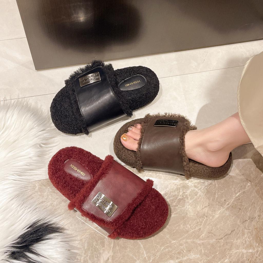 Foreign Style Red Plush Slippers Women's Autumn New Fashion Plush Slippers Small Height-increasing Lamb Wool Slippers