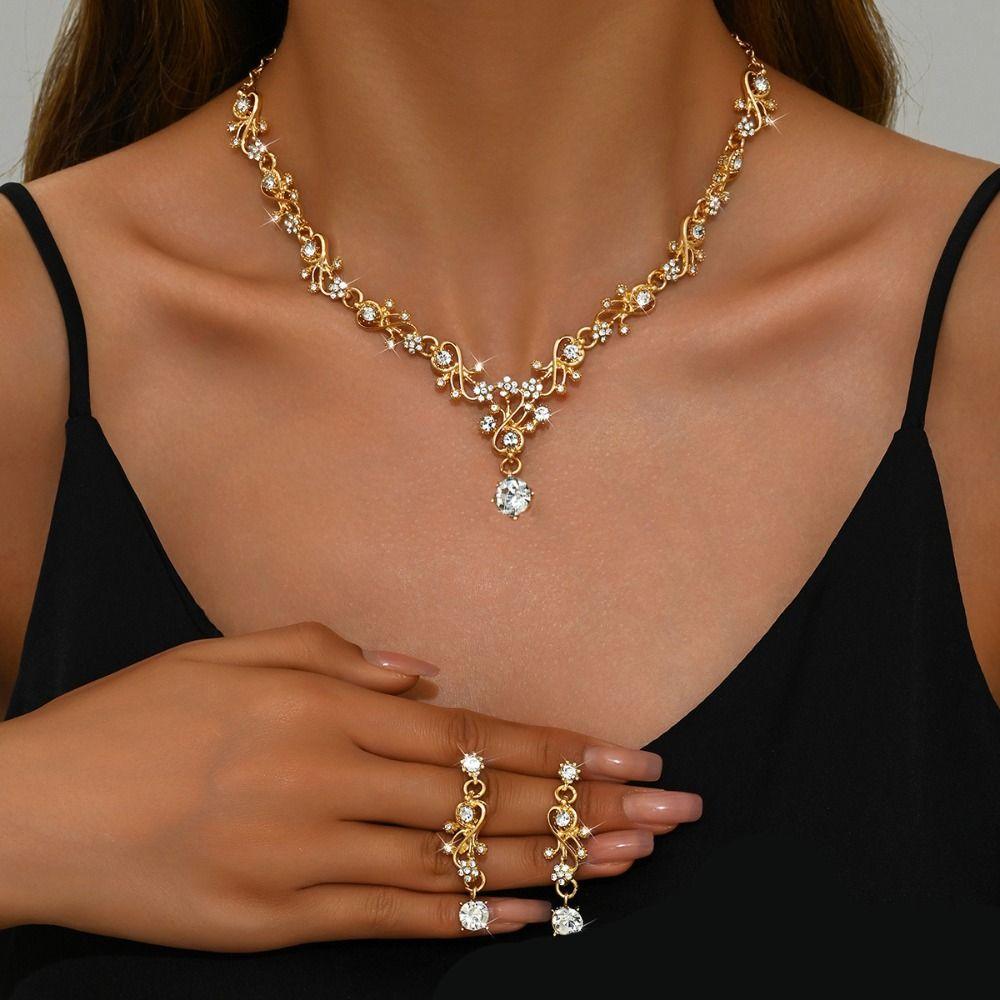 Crystal Earrings Claw Chain Necklace Bridal Rhinestone Jewelry Set Women