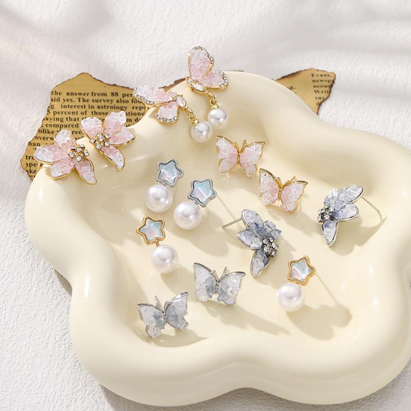 Gradual change butterfly blue crystal pearl earrings summer small fresh high sense fashion earrings