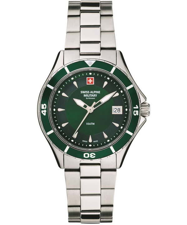 Swiss Alpine Military Aquatech Женские часы из нержавеющей стали с зеленым циферблатом, кварцевые 7740.1134 100M