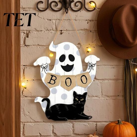Childlike Party Supplies for Kids Cute White Ghost Wooden Door Hanger Sign with Black Cat BOO Retro Fall Seasonal Wall Art Banner, Waterproof