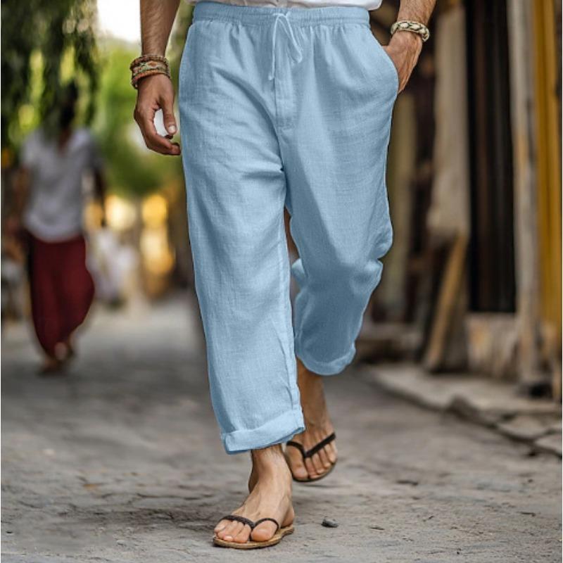Mens Casual Solid Color Drawstring Waist Linen Straight Long Pants With Pockets