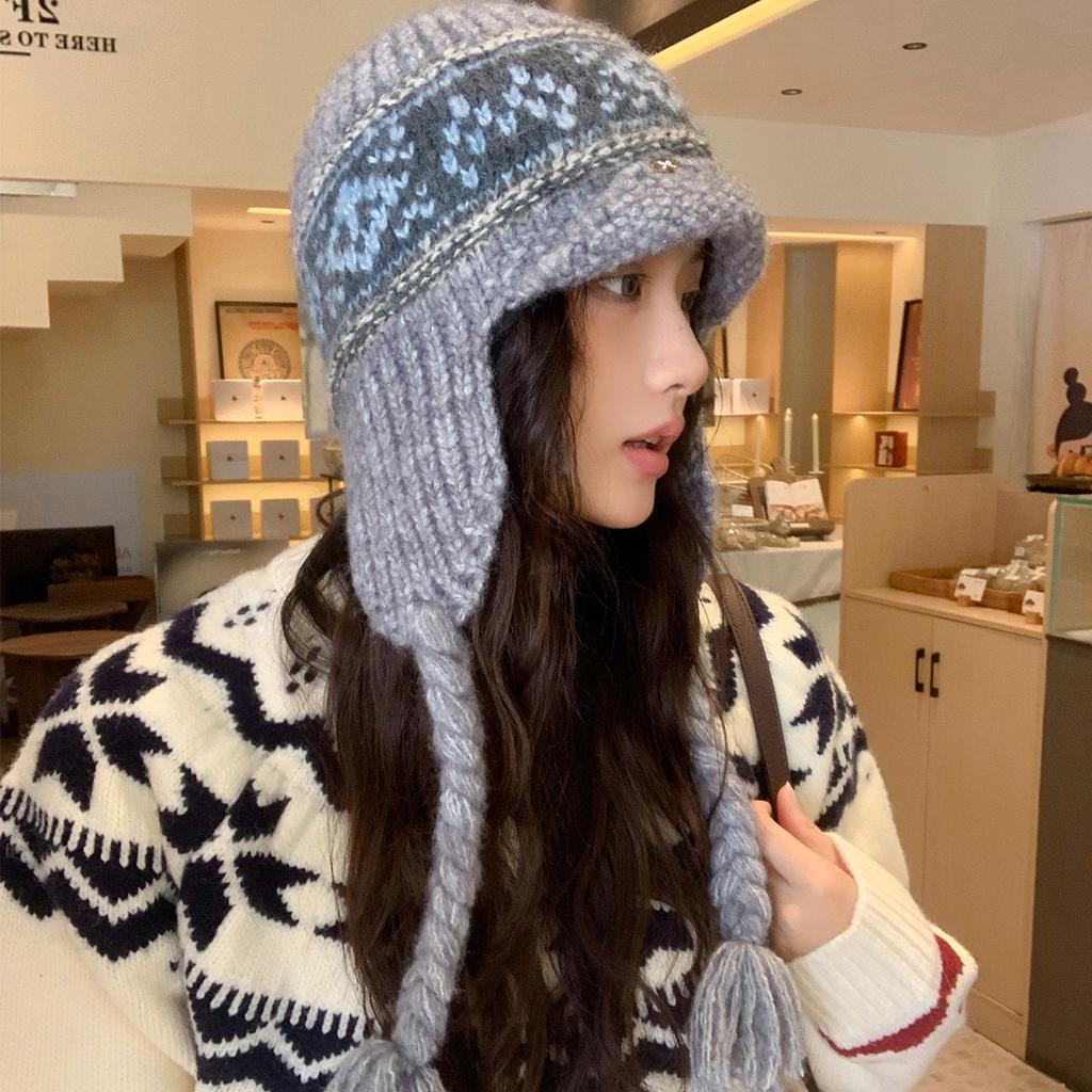 Fair Island Wind Red Knitted Wool Hat Women's Autumn and Winter Jacquard Warm Ear Protection Hat Thickened Cold-proof Knitted Hat