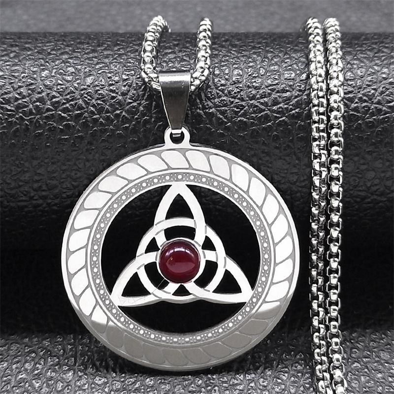 Celtic Trinity Knot Triquetra Necklace for Women Men Silver Color Stainless Steel Stone Witch Necklaces Jewelry Collar N8064S02 60CM