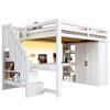 140x200 Loft Bed with Desk and Shelf, Wardrobe, Storage Stairs, USB and LED Lights, White