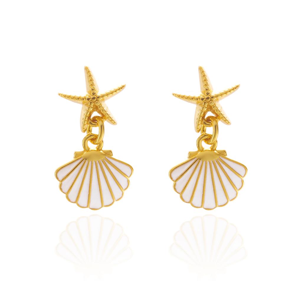 Vacation Style Gold Color Starfish Shell Stud Earrings For Women Seashell Pearl Enamel Asymmetric Ocean Earring Beach Jewelry