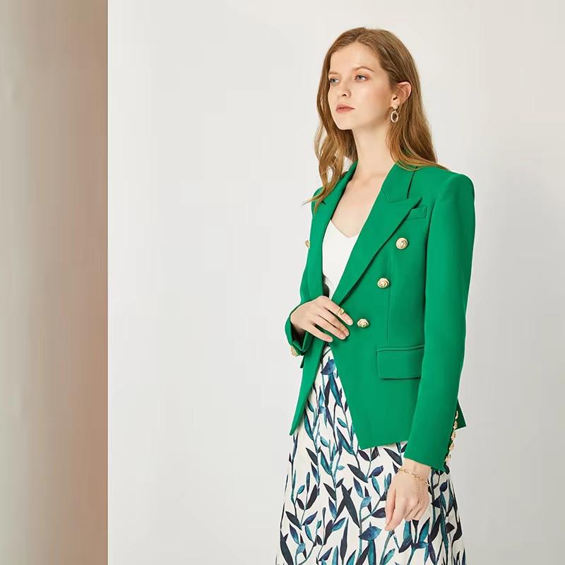 European Green Double-Breasted Women's Suit Jacket with Lion Head Buttons, V-Neck, Slimming Design, Versatile Style