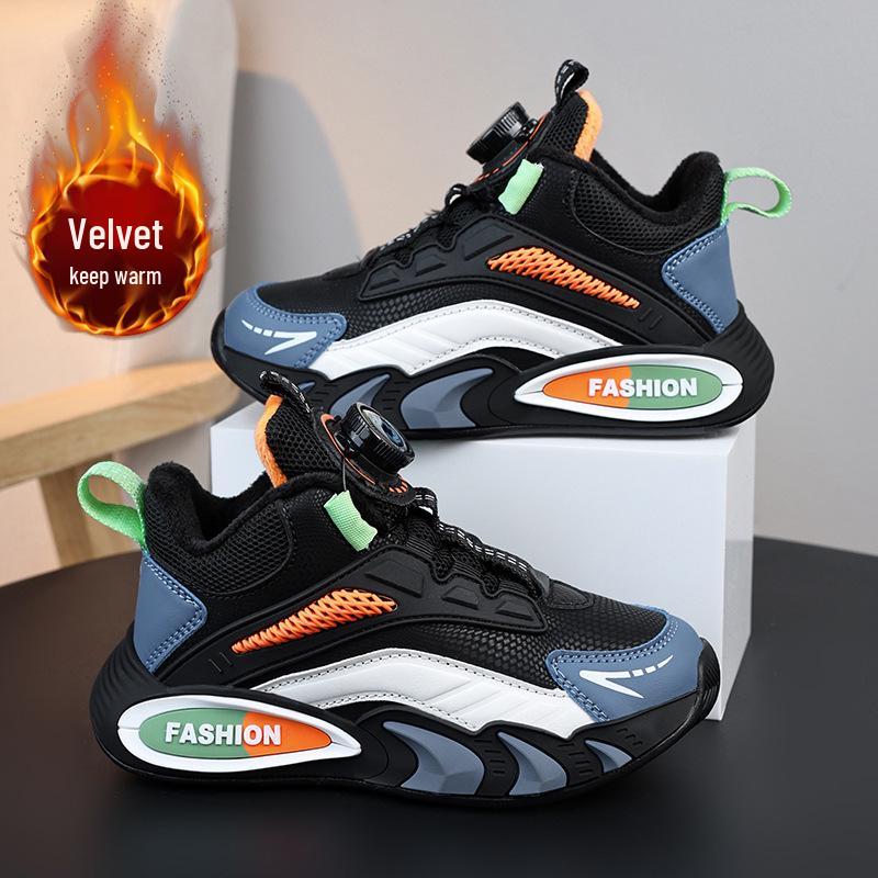 Boys' Winter Sneakers: Velvet-Lined, Rotating Buckle, Cotton Basketball Shoes for Big Kids