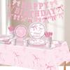 Pink Bow Party Supplies Set: Plates, Cups, Flags, Table Decor for Birthday and Theme Parties.