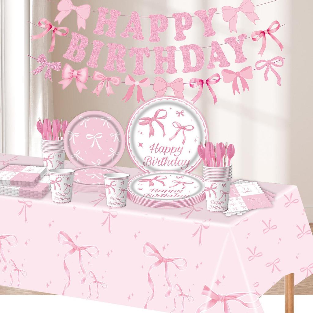 Pink Bow Party Supplies Set: Plates, Cups, Flags, Table Decor for Birthday and Theme Parties.