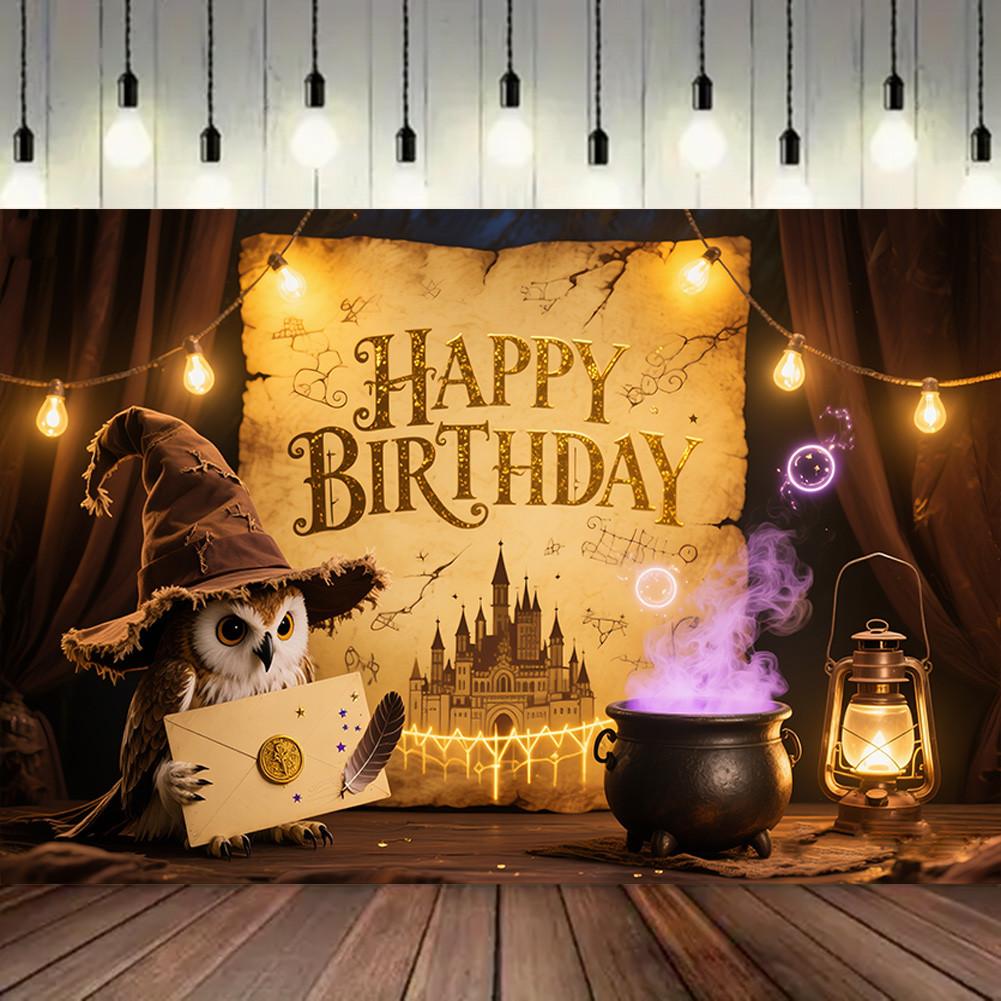 Owl,Magic Potion,Magic Theme-Happy Birthday Backdrop Polyester for Photo Booth,Party Event,Indoor/Outdoor Celebrations,Wall Decor,Home Decor