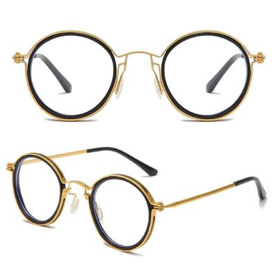 Retro Round Blue Light Blocking UV Handcrafted Design Celebrity Intellectual BRAND3 [REONAS] Glasses, + Protection, Glasses, Style, Look, (Gold BK)