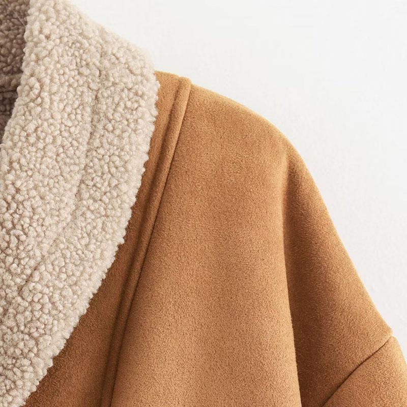 Women's Faux Suede Leather Jackets Flip Collar Fleece Lining Loose Fur One-piece Top Vintage European Style Coat Autumn and Winter