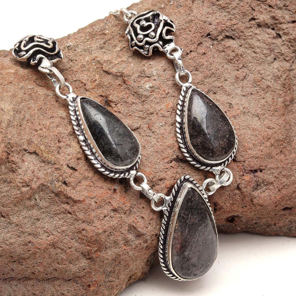 Black Rutile Set Silver Pendant Jewelry Earring 18-20'' Gemstone Handmade