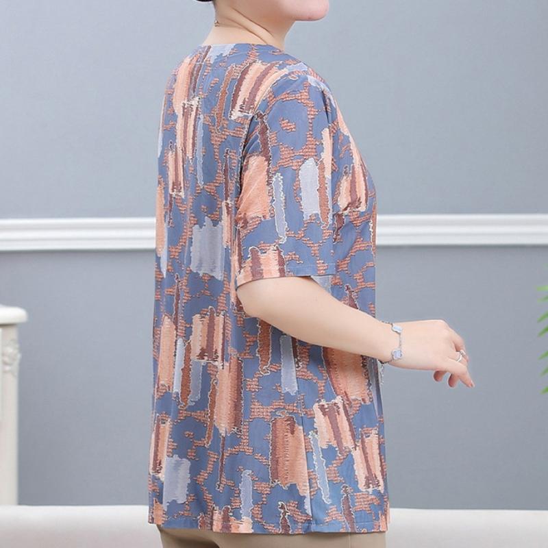 Plus Size 6XL 7XL Women Mother Summer Round Neck Short-sleeved T-shirt Fashion   Ice Silk Top