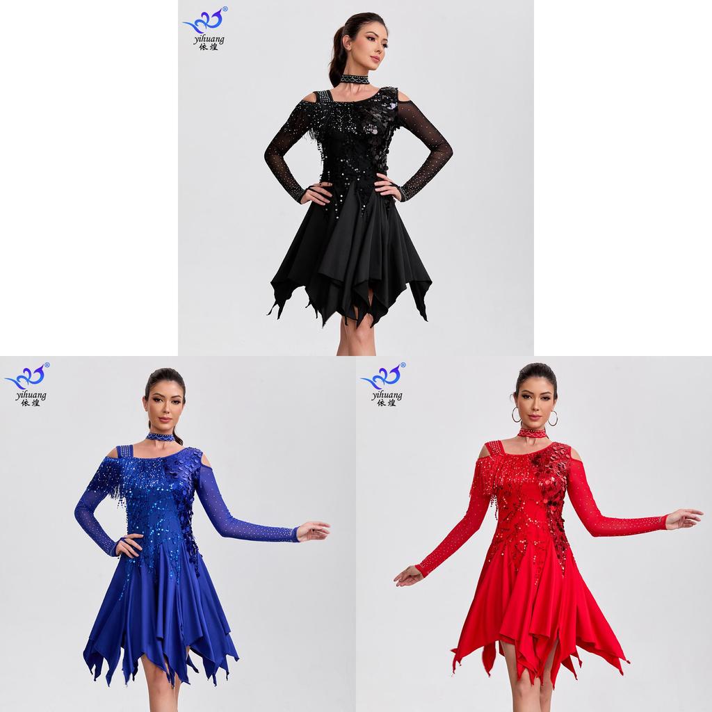 Vestido de Danza Latina Disfraz de Actuación Con Lentejuelas Manga Larga Flecos Para Mujer