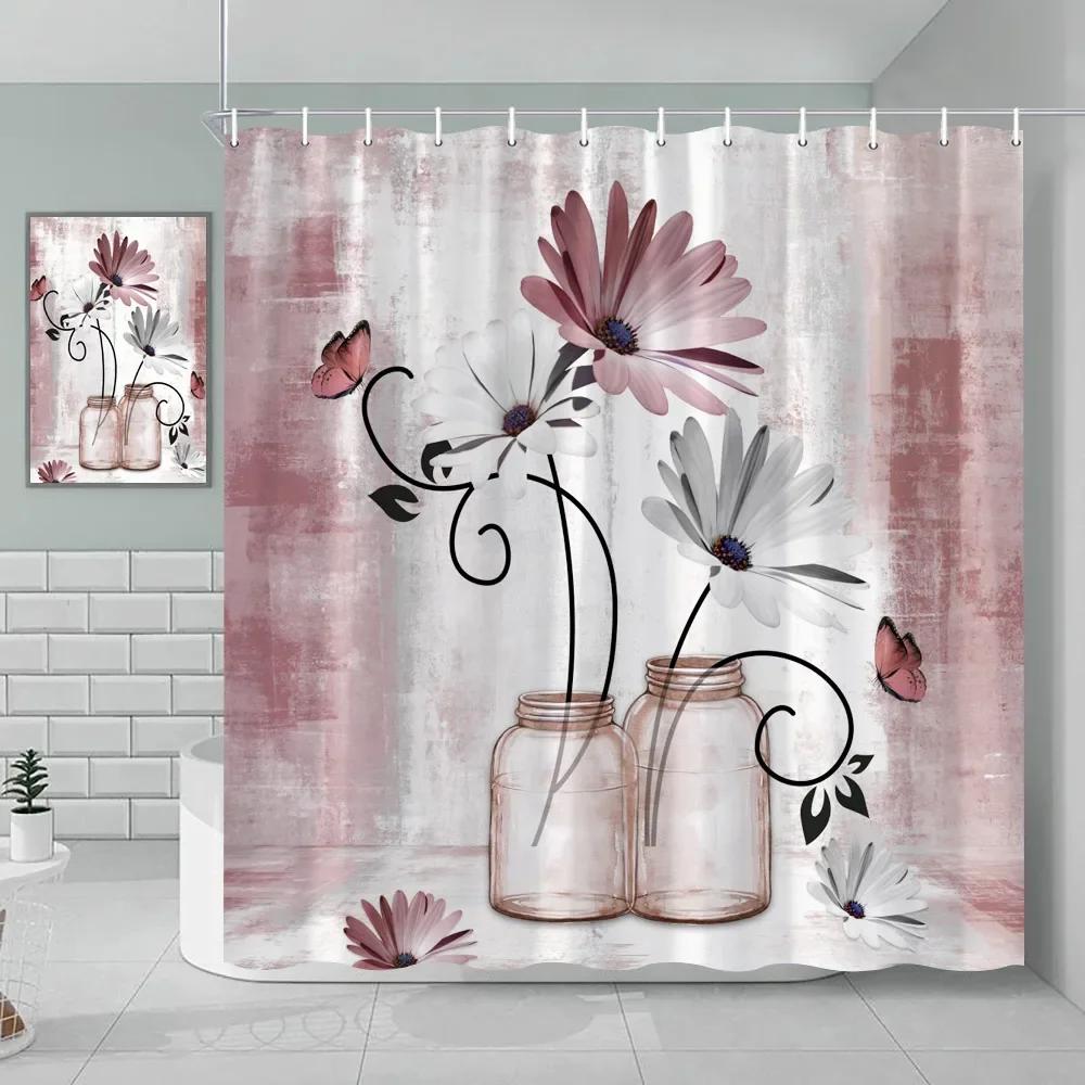 Watercolor Floral Shower Curtain Wooden Butterfly Daisy Rustic Blue Flower Farmhouse Wooden Vintage Farm Bathroom Decoration
