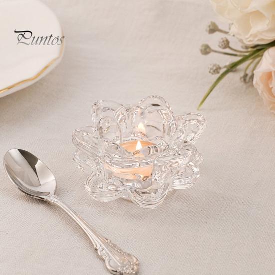 Decorative Glass Candle Holder Crystal Lotus Flower Tealight Holders, Tea Light Candlestick Decor Thick with Deep Grooved Plate, Multifunctional