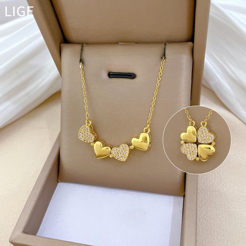 Necklace Women'S New Model, A Two-Wear Heart-To-Heart Open And Closed Four-Leaf Flower Full Diamond Versatile Clavicle Chain Titanium Steel