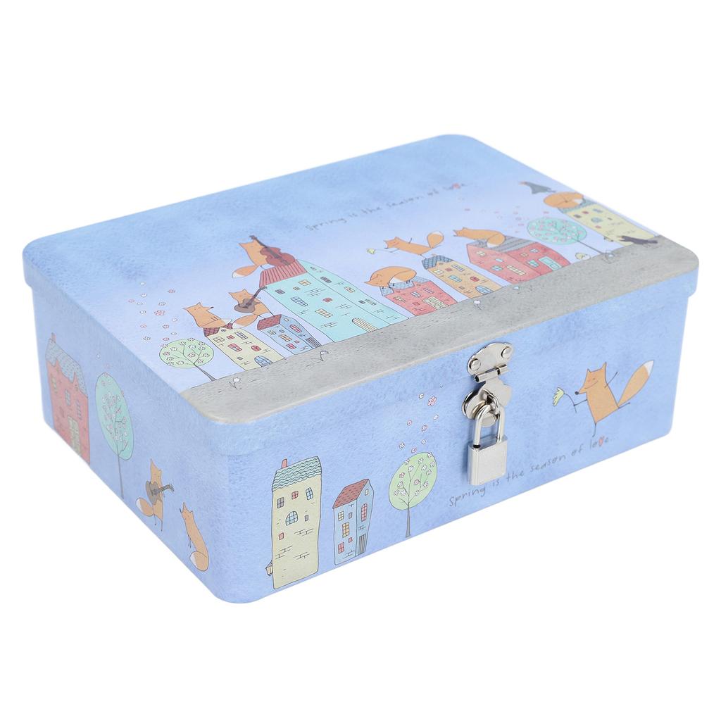 Tinplate Empty Tins Metal Vintage Sundries Storage Box with Lock Lid Cartoon Kids Gift L