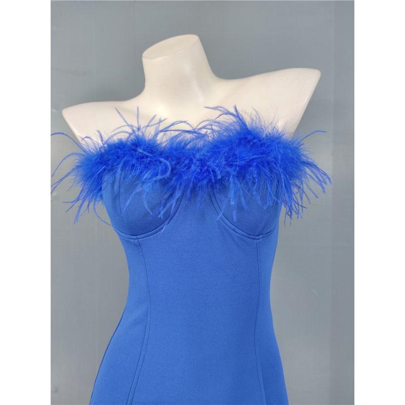 Export Single Fashion Slim Fit Slimming Sheath Commuting Style Dress Feather Patchwork Design Dress Tube Top Short Skirt Chest Pad