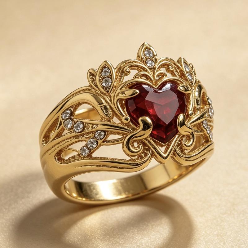 Nuovo Anello d'Oro con Zircone Rosso a Forma di Cuore Gioiello per Donne