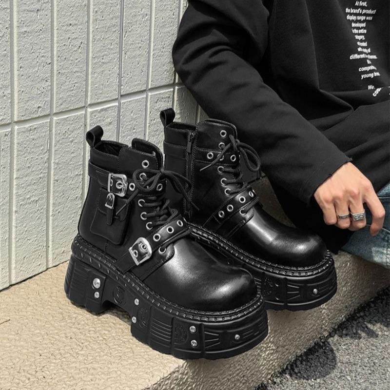 Couple Dark Motorcycle Boots Heavy Metal Platform Ankle Boots Men Women Punk Leisure Leather Shoes Knight Boots Botas Para Mujer