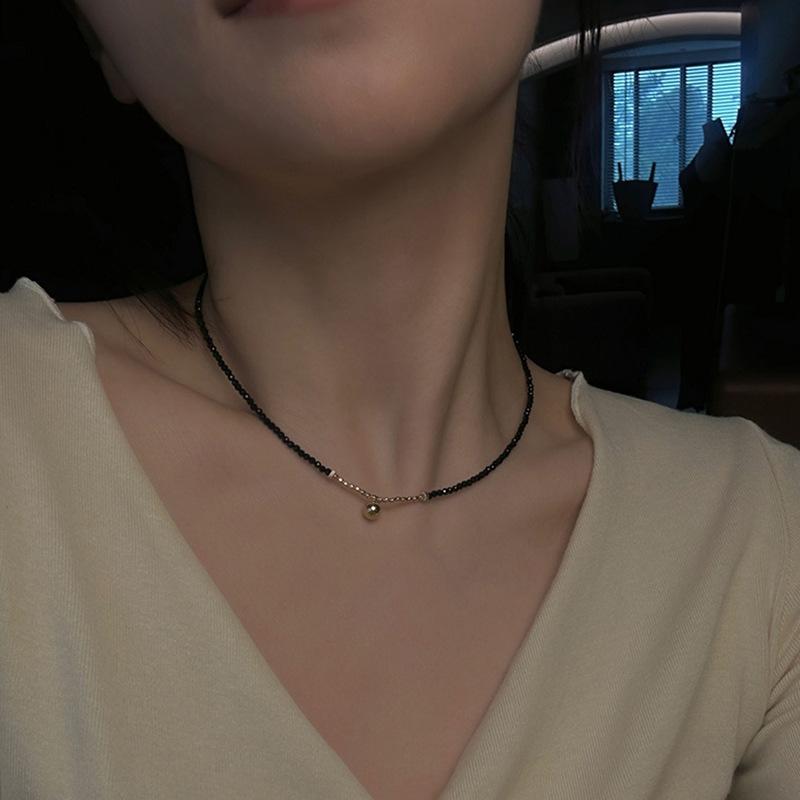 Black Beaded Choker Necklace with Gold Bell Pendant – Minimalist Dainty Jewelry for Women, Elegant Daily Gift Necklace