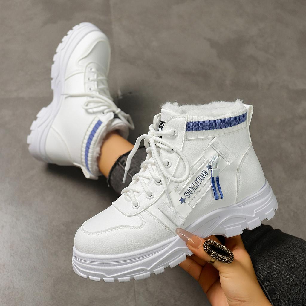 Damen Sneaker Mode Rundzehen Schnür-Sneaker Rutschfest Abriebfest Plüschschuhe für Damen Winter Baumwolle Weiche Sohle Stiefel