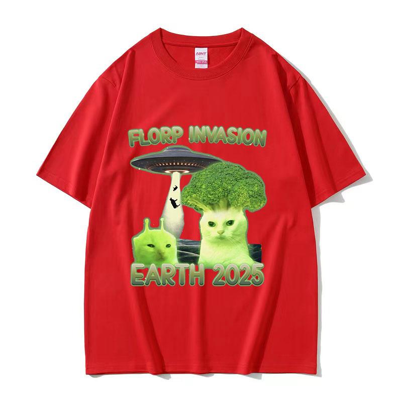 Florp Invasion Funny Alien Brainrot Cat Meme 2025 T Shirts Men Women Retro High Quality Fashion Oversized Cotton Tshirt Summer S