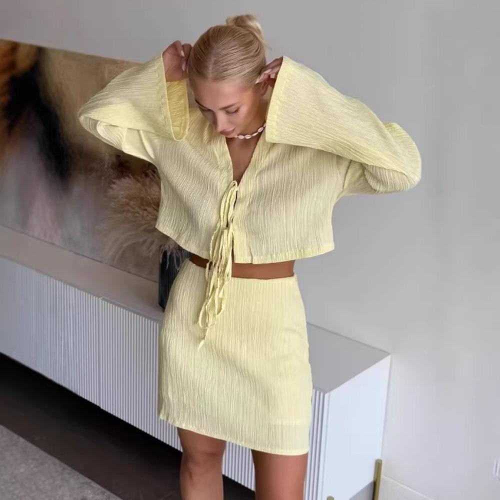 New European and American Spring and Summer Vacation Casual Style Suit, Lace-up Top, Shorts, Skirt, Two-piece Set for Women