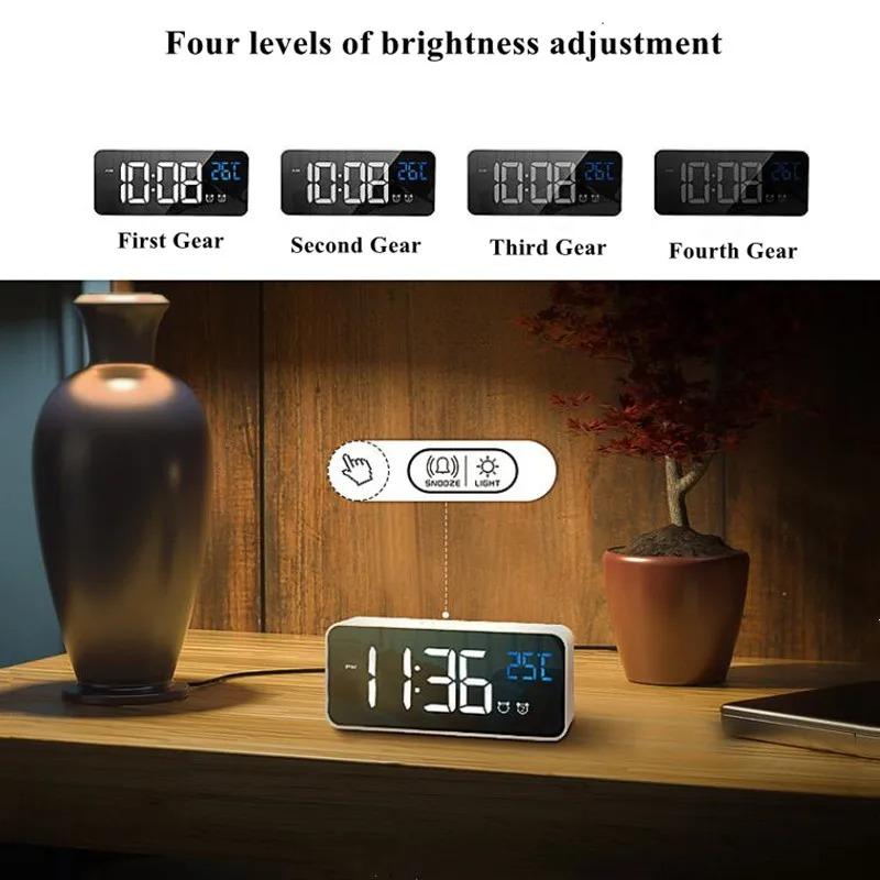 Voice Control Digital Alarm Clock TEMP 2 Alarms Snooze Night Mode Table Clock Power Switch 12/24H Rechargeable Music LED Clock.