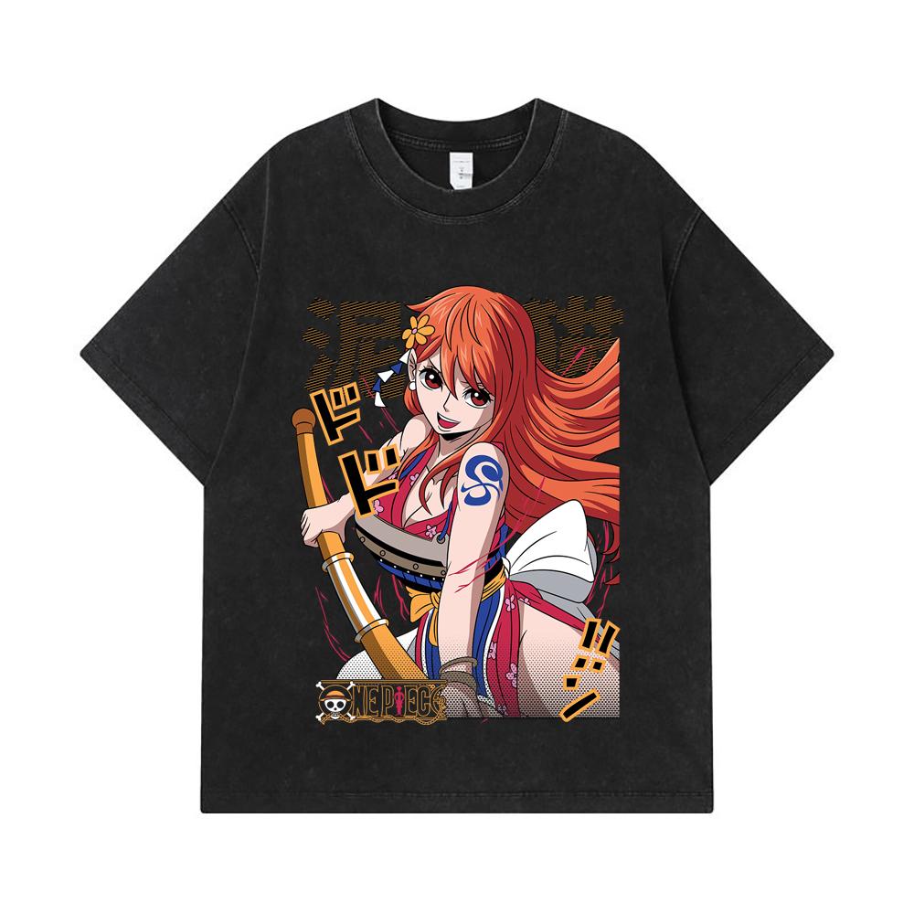 275 GSM Washed T-shirts 100% Cotton One Piece V41 Nami Print Unisex Heavy Cotton T Shirt