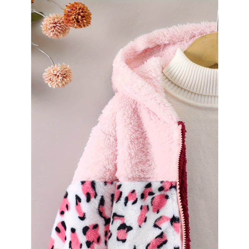 Cozy & Cute Girls' Leopard Print and Pink Fleece-Lined Zip-Up Hoodie Jacket - Warm, Thick Polyester Blend for Autumn/Winter, Long Sleeves,Casual Style