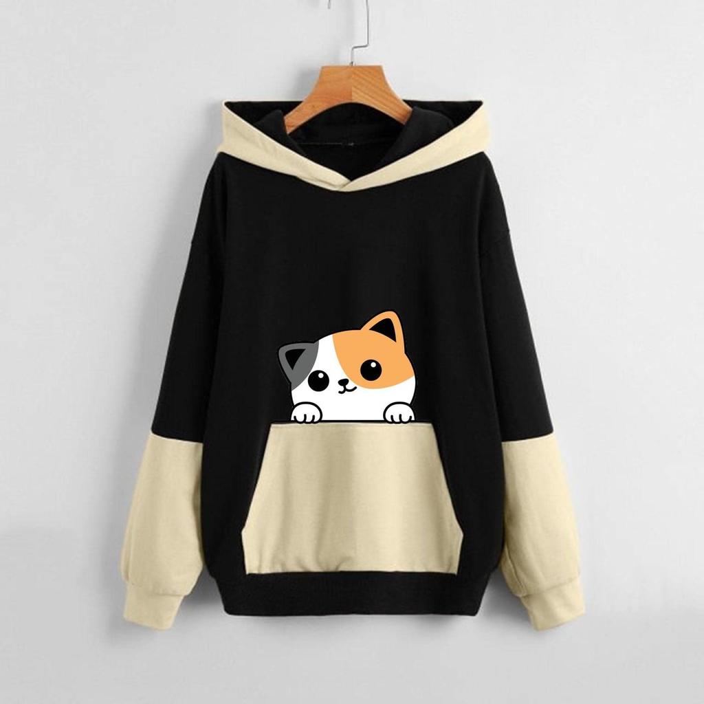 Dámská podzimní mikina s kapucí s kapucí Colorblock Cute Cat Print