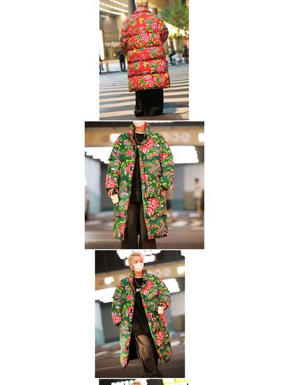 A3 Cotton Padded Hanfu Jacket: Unisex Long Loose Fit, Warm Flower Design, Trendy Cold Protection