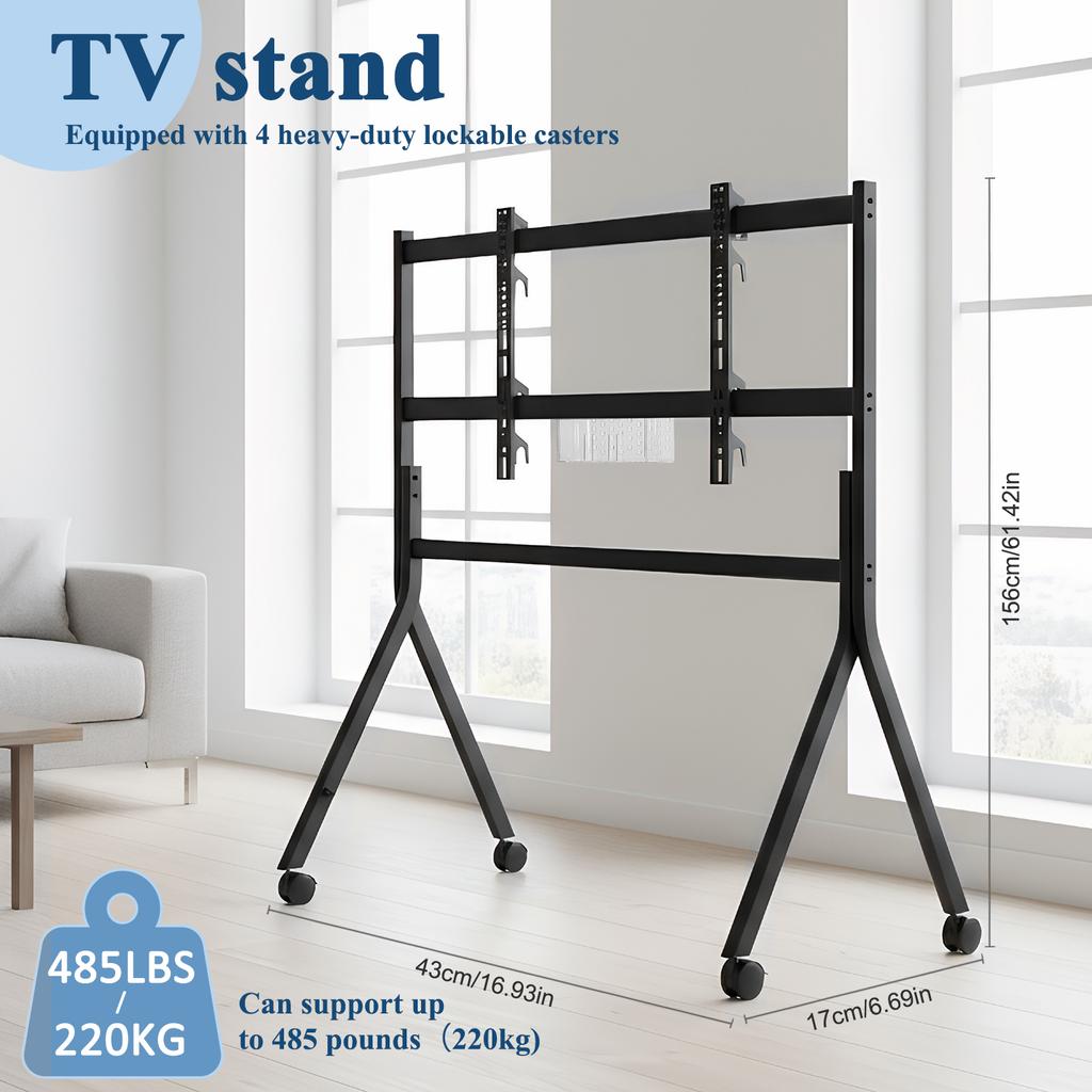 Mobile TV Cart Floor Stand for 86-110 Inch TV 360°Swivel Height Adjustable with Wood Shelf Easy Assembly for Living Room Outdoor