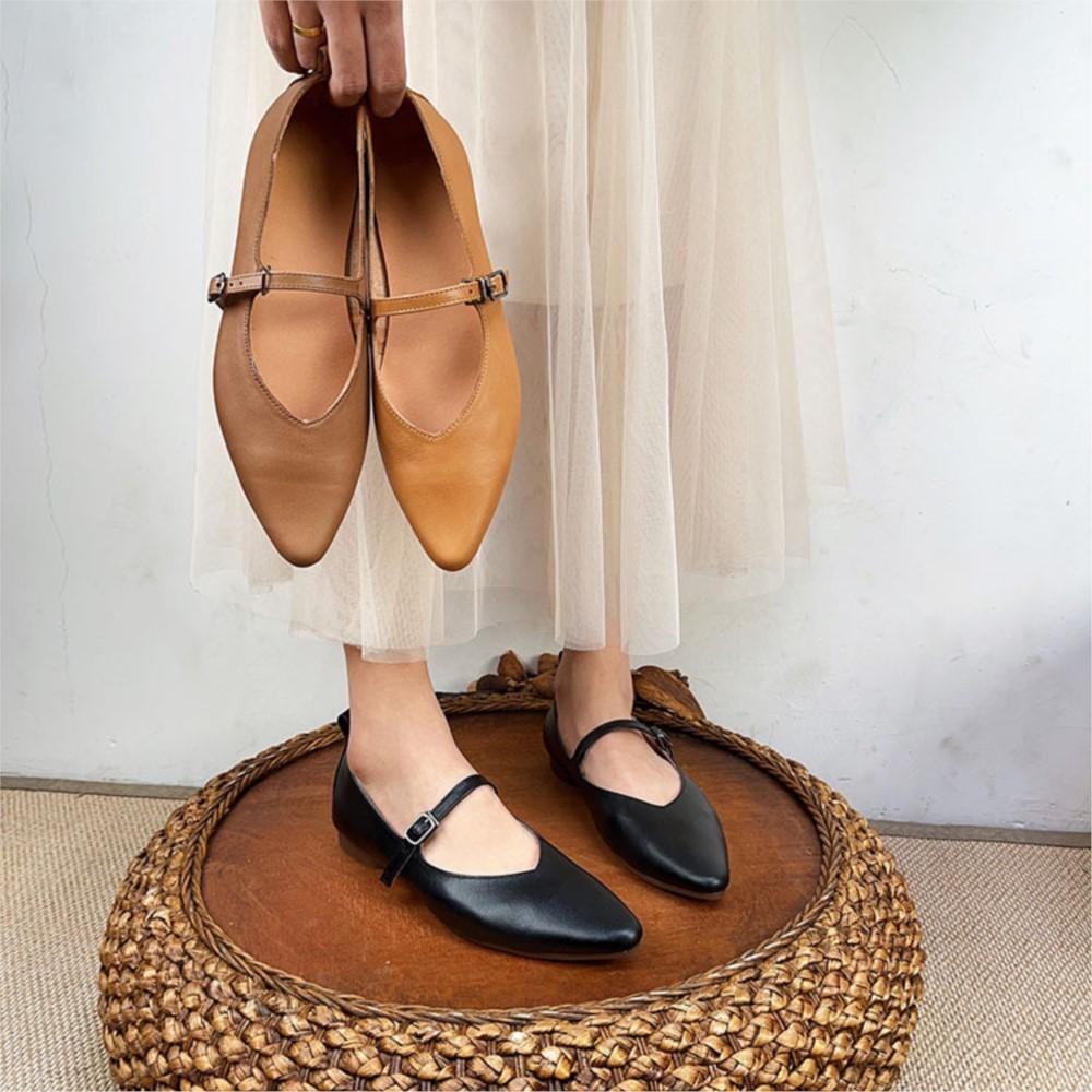 Johnature Vår Høst Retro Spenne Stropp Grunn Myk Uformell spiss Loafers Kvinner Ekte Skinn Flats Sko